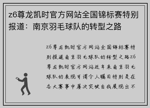 z6尊龙凯时官方网站全国锦标赛特别报道：南京羽毛球队的转型之路
